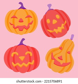 Vector set of cute orange pumpkins on a pink background. Funny characters for Halloween, smiling good-natured pumpkins. Illustration for children, delicate pink and yellow colors