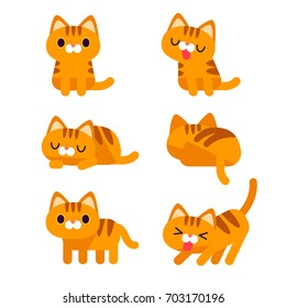 Vector set of cute orange short hair tabby cat characters in different action poses isolated on white background.
