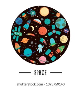 Vector set of cute outer space elements with spaceship, planets, stars, ufo for children framed in circle. 
