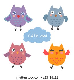 Vector set with cute owls in cartoon style. Children's illustration with birds, suitable for printing postcards, fabrics, prints, posters, stickers