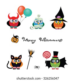 Vector set of cute Owls are dressed in costumes of devil, witch, vampire, cat, mummy. Funny traditional cartoon characters of Halloween. Set of Owl icons. Happy Halloween design elements. Isolated. 