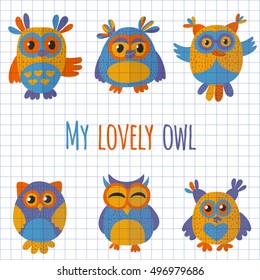 Vector set with cute owls Kids drawing style