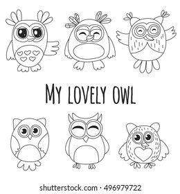Vector set with cute owls Kids drawing style