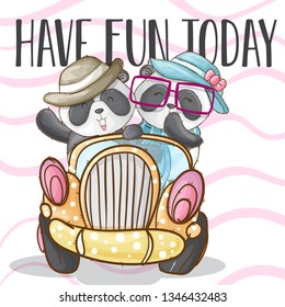 vector set, cute panda in cars, scandinavian nursery style illustration for kids - Vector