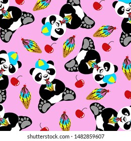 Vector set of cute panda,adorable cartoon animal background,pattern with ice cream.