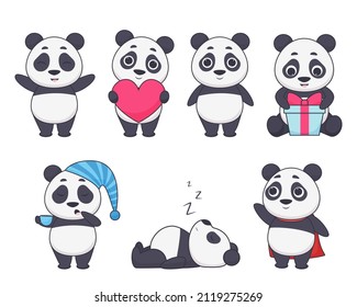 Vector set of cute pandas. Collection of cartoon animals. Stickers. Isolated on white background
