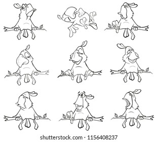 Vector Set of Cute  Parrots for you Design. Cartoon Character. Coloring Book. Outline 