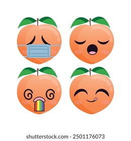Vector set of cute Peach fruit emojis. Isolated on white background. 
