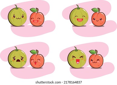 vector set of cute peach and melon character, clipart for kids with kawaii face, cartoon fruits for children, emoticon,