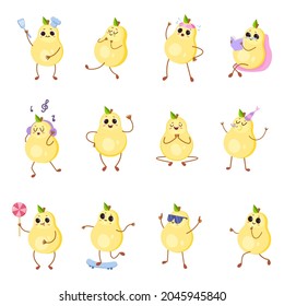 Vector set cute pear in different situation and context. kawaii character  emoji