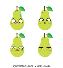 Vector set of cute pear fruit emojis. Isolated on white background. Kawaii cartoon smiling pears.