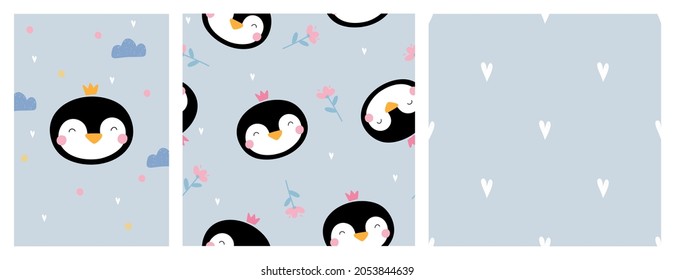 Vector set with cute penguin. Children's illustration and simple seamless patterns in Scandinavian style. For decoration, posters, postcards, designing children's clothes, applying to paper