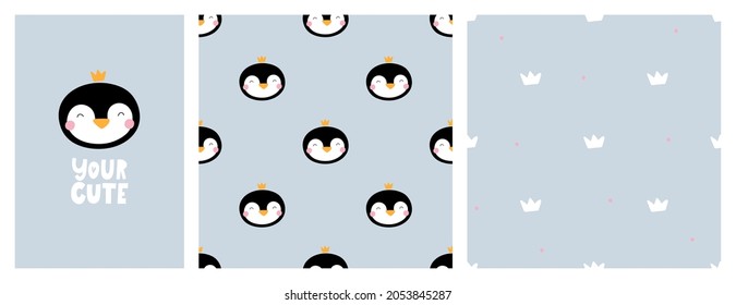 Vector set with cute penguin, seamless patterns and handwritten lettering. Children's illustration in Scandinavian style. For decoration, posters, postcards, designing children's clothing.