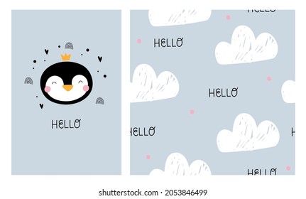 Vector set with cute penguin, simple seamless pattern and handwritten lettering. Children's illustration. Clouds and cute doodles. For decoration, posters, postcards, designing children's clothing.