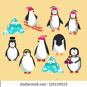 Vector set with cute penguins character,polar penguin illustration for greeting card.