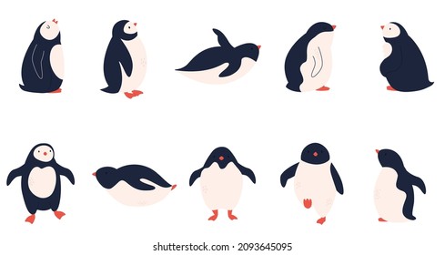 Vector set of cute penguins in different poses. Animal characters designs