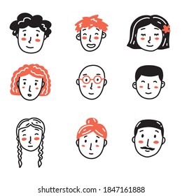 Vector set of cute people faces. Social media icons with line habd-drawn heads. Collection of modern illustrations.