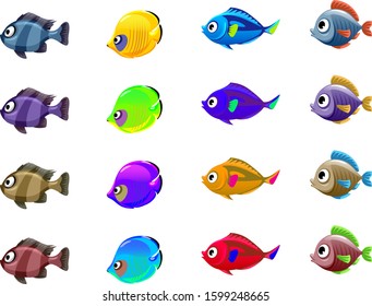 vector set of cute pet shop, fish, tropical fish, aquarium fish, clown fish, sardines, goldfish, sailboat