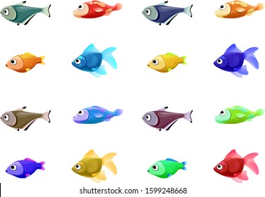 vector set of cute pet shop, fish, tropical fish, aquarium fish, clown fish, sardines, goldfish, sailboat