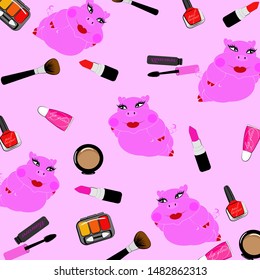 Vector set of cute pig ,adorable cartoon animal background,pattern with cosmetics 