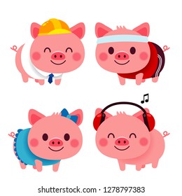 Vector set of cute pig characters in different costume isolated on white background