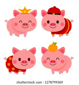 Vector set of cute pig characters in different costume isolated on white background