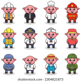 Vector set of cute Pig with different professions. Cartoon cute Pig dressed in different occupation uniform. Vector characters with jobs different occupation.