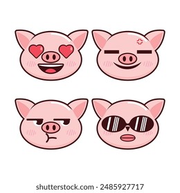 Vector set of cute Pig emoji faces with various expressions. Isolated on white background