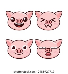 Vector set of cute Pig emoji faces with various expressions. Isolated on white background