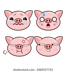 Vector set of cute Pig emoji faces with various expressions. Isolated on white background