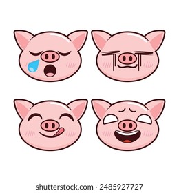 Vector set of cute Pig emoji faces with various expressions. Isolated on white background