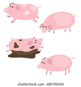 Vector set of cute pigs on white background. Pigs made in cartoon style.
