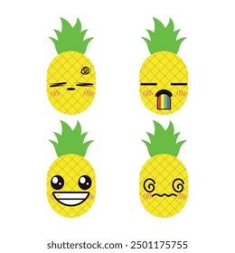 Vector set of cute pineapple fruit emojis. Isolated on white background. 