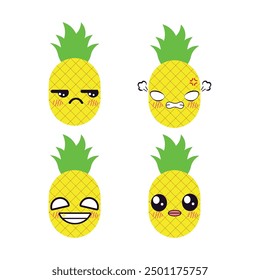 Vector set of cute pineapple fruit emojis. Isolated on white background. 