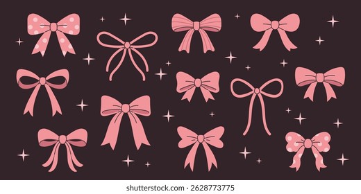 Vector set of cute pink bows and ribbons. Fashion accessories for girls in coquette style. Collection of cute girlish bows.