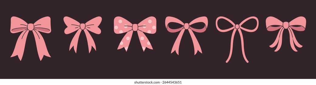 Vector set of cute pink bows in flat style. Fashion accessories for girls. Cute girlish bows collection in coquette style.