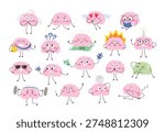 Vector set of cute pink brain characters with various emotions and activities including meditation, exercise, reading, and stress.