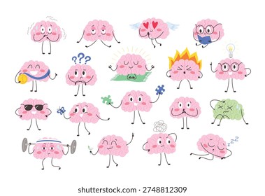 Vector set of cute pink brain characters with various emotions and activities including meditation, exercise, reading, and stress.