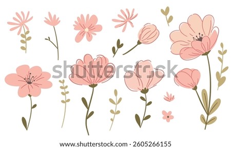 Vector set of cute pink flowers on white background. Flower buds and green twigs and leaves