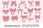Vector set of cute pink  hand drawn bows in coquette style. Trendy bows, gift ribbons, elements for packaging  design, scrapbooking, greeting cards, feminine branding. Hand-drawn stickers set isolated