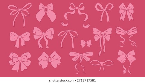 Conjunto de Vector de lindos arcos dibujados a mano de color rosa en estilo coqueta. Arcos de moda, cintas de regalo, Elementos para el diseño de envases, scrapbooking, tarjetas de felicitación, marca femenina. Conjunto de pegatinas dibujadas a mano aisladas