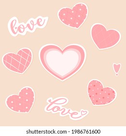Vector - Conjunto de lindo corazón rosado y frases Amor sobre fondo marrón. Se puede usar para imprimir, papel, pegatina. Estilo Doodle. San Valentín.