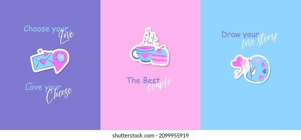 Juego de vectores de tarjetas de día adorables, rosadas y púrpura. Tarjeta de saludo, declaración de amor. Con frases interesantes y adorables insignias. Colección de postales con ilustraciones de amor lindas y simples.