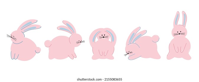 Vector set of cute pink rabbits in cartoon style, cute animals, bunnies. Children's vector illustration for postcards, clothes, fabrics, design.