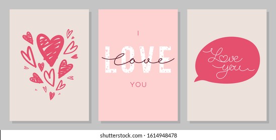 Vector set of cute, pink valentines day cards. Greeting card, declaration of love. Hand lettering I love you. Calligraphy love.