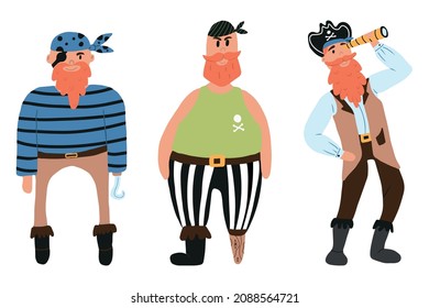 Vector set of cute pirate men. A set of three pirates. A pirate with hat and telescope with hook.