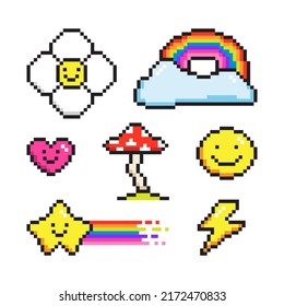 Vector Set Of Cute Pixel Art Icons. Flower, Rainbow, Heart, Mushroom, Smile, Star And Lightning Geek Elements In 90s Games Style. Old School Graphic Groovy Elements