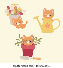 Vector set of cute playful kittens hiding in the garden tools. Red haired adorable cats in the garden. Spring illustrations. Spring garden set