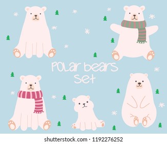 Vector set of cute polar bears in different  poses. Each animal is on a different layer.