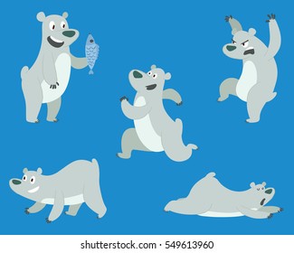 Vector set of cute polar bears: frightening someone, running somewhere, lying on his belly, standing on four paws and with a light blue fish in his paw on a blue background. Vector illustration.